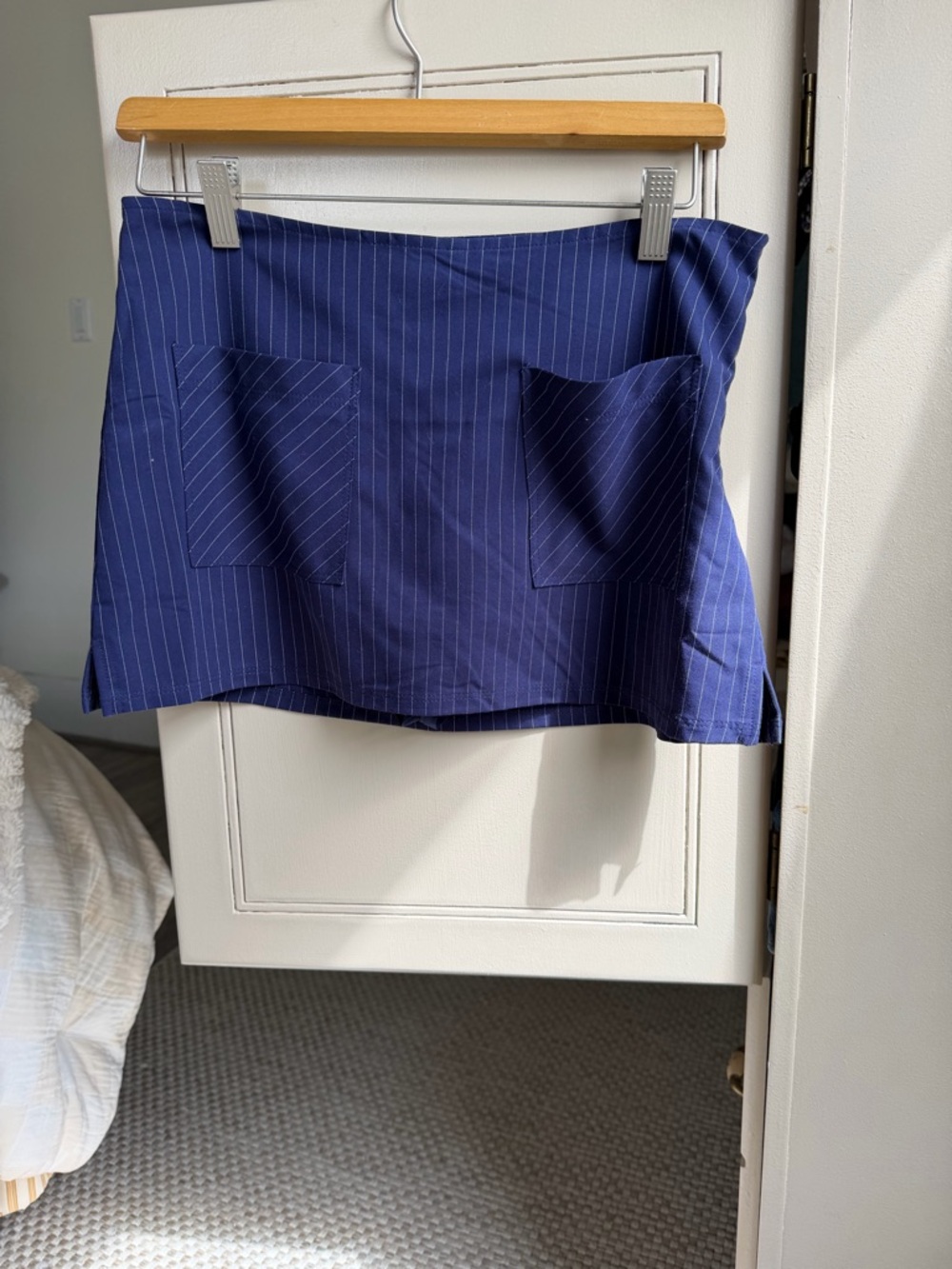 Urban Outfitters Navy Pinstripe Mini Skirt with Front Patch Pockets